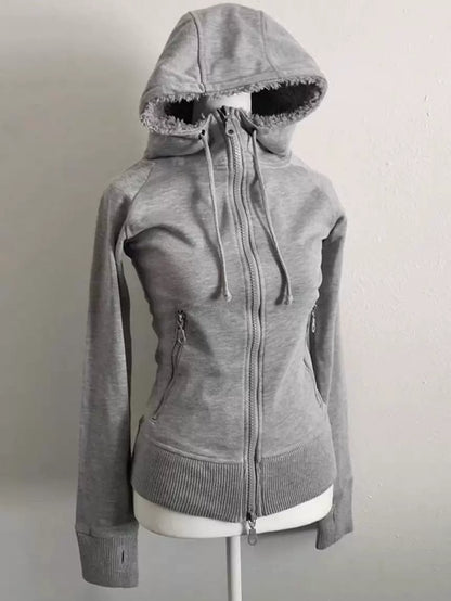 Gray Lamb Wool Double-Zipper Hoodie Subculture Y2K E-girl Vintage Autumn/Winter Waist-Cinched Slimming Top