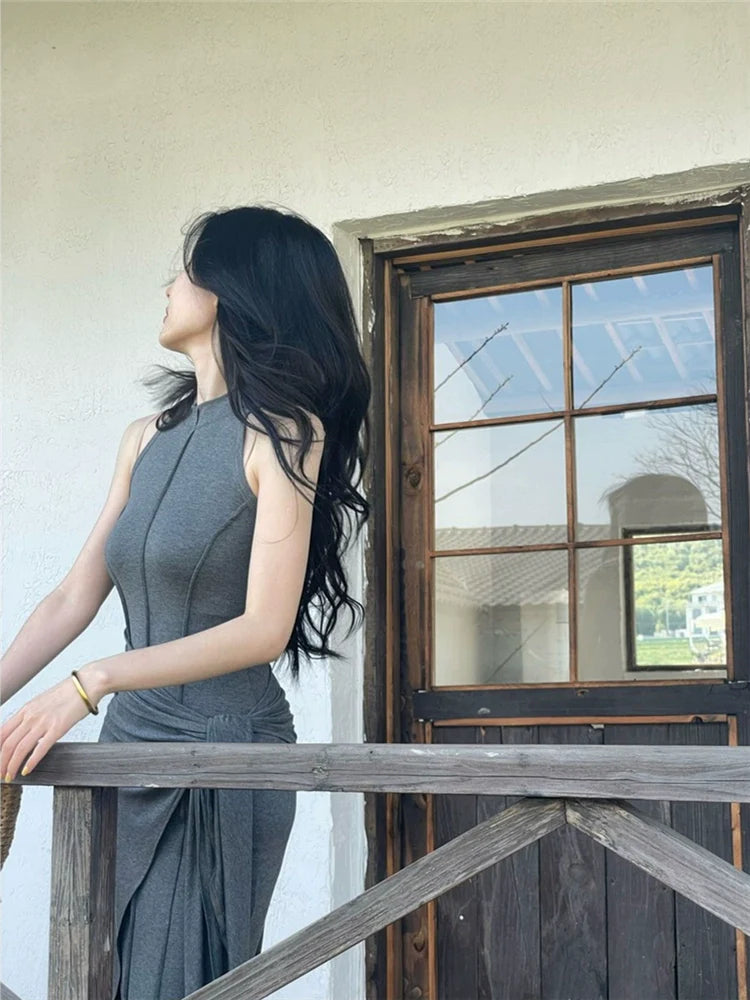 High-End Gray Modal Tank Dress Fake Two-Piece Bodycon