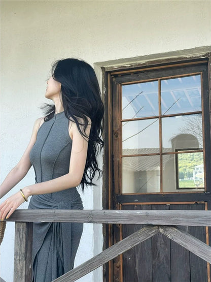 High-End Gray Modal Tank Dress Fake Two-Piece Bodycon