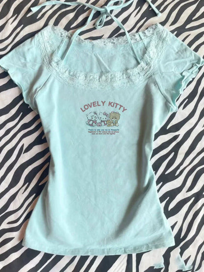 Light Blue Lace Square Neck Y2K T-Shirt