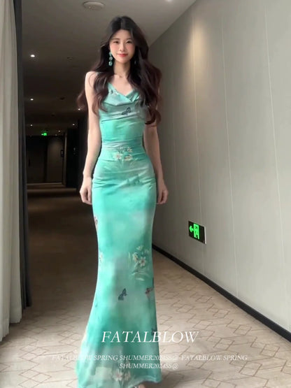 French Green Print Cowl-Neck Camisole Mermaid Bodycon Maxi Dress
