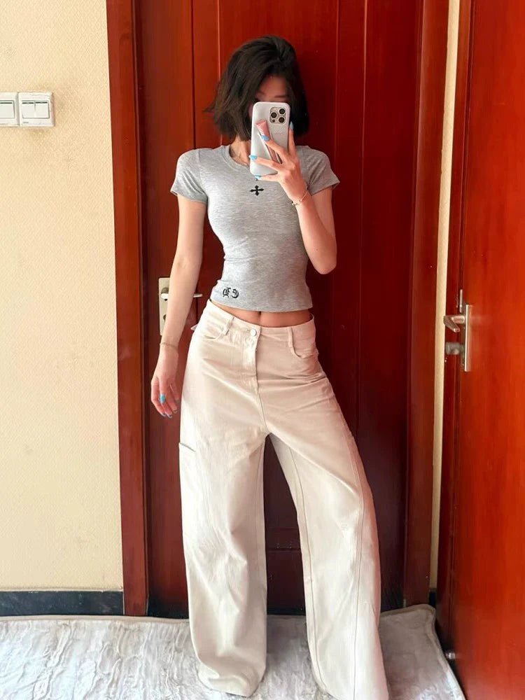 Gray Subculture Y2K E-girl Abi American Retro Cross Print Light Subculture Short Sleeve Top