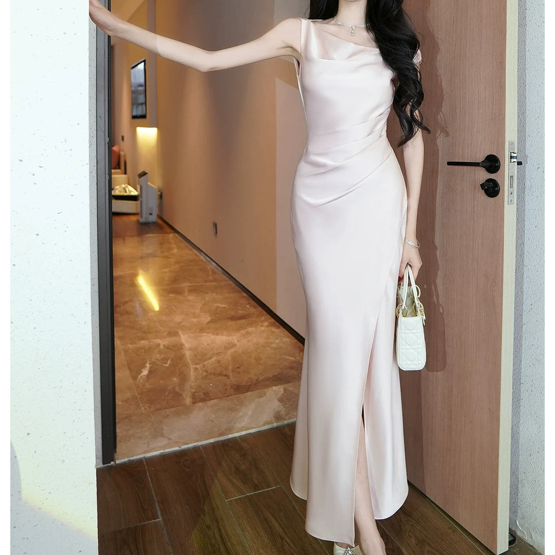 French Satin Pink Off Shoulder Draped Mermaid Gown Dress