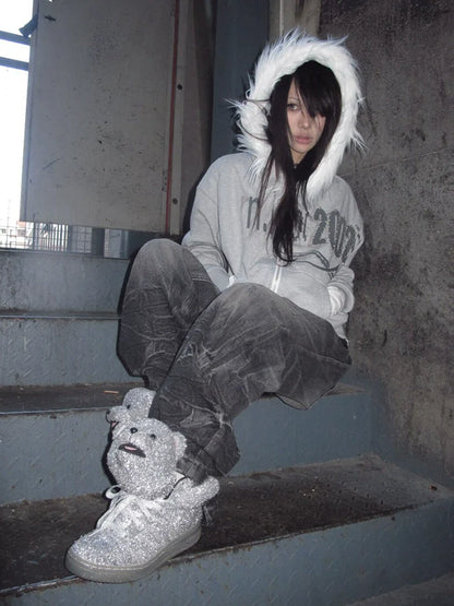 Y2K Visual Kei Fur-Lined Hoodie Autumn-Winter Heavyweight Short Zip-Up Pullover
