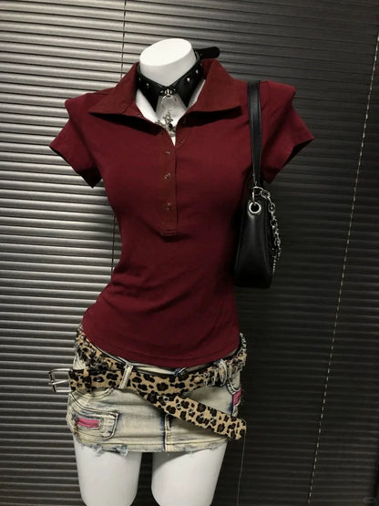 Burgundy Subculture Y2K E-girl Abi American Retro Polo-Collar Regular-Shoulder Waist-Cinched Short Sleeve Top