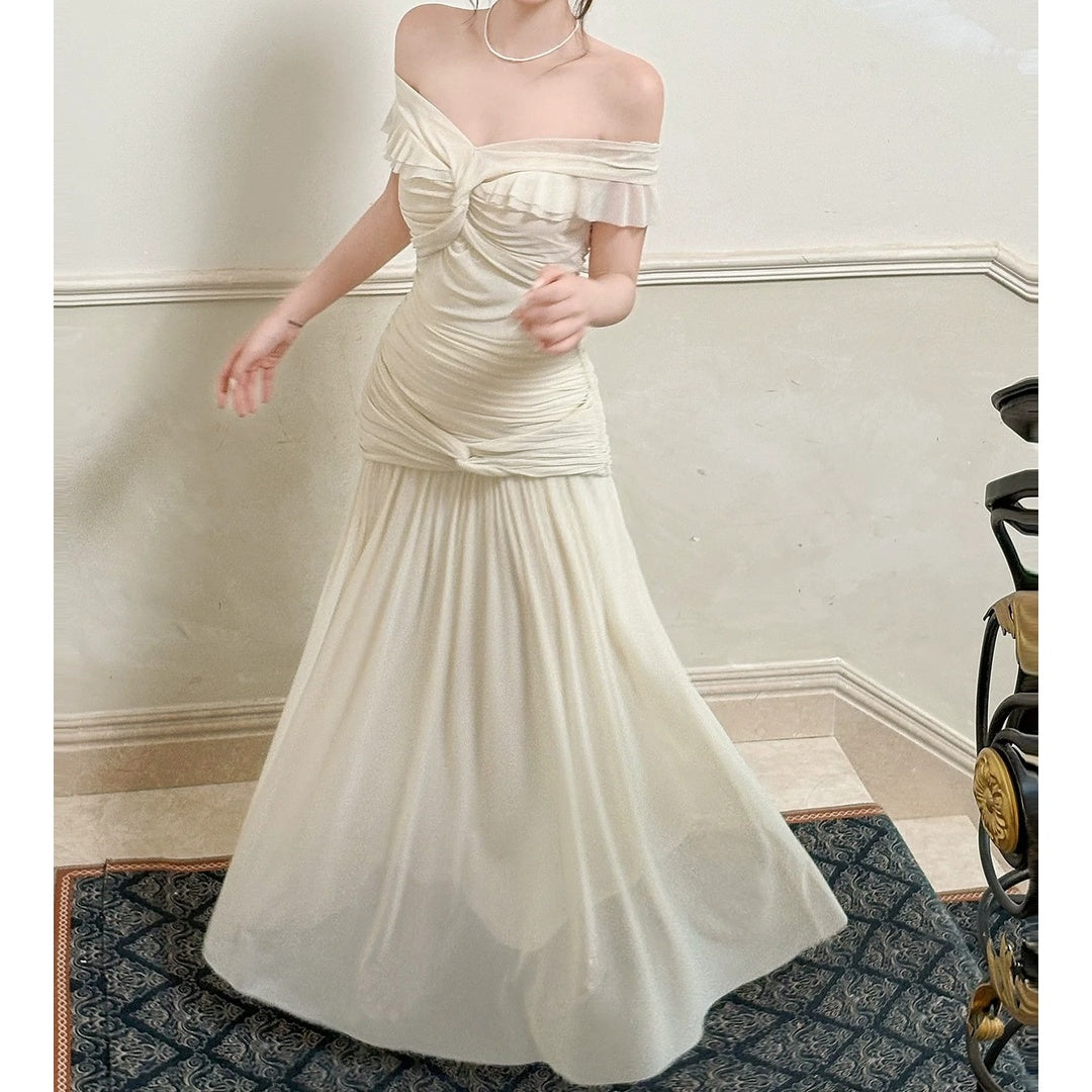 French Mesh One Shoulder Evening Gown Dress