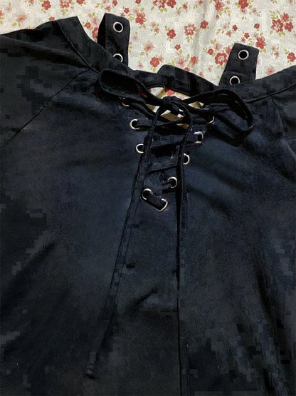 Black Subculture Punk Y2K E-girl Retro Print Drawstring Slim-Fit Waist Short Sleeve Top