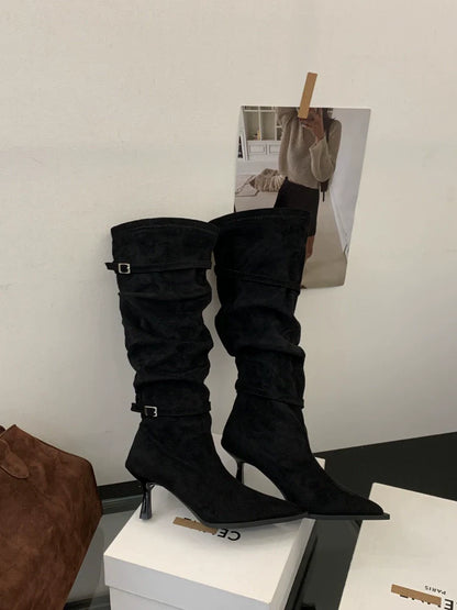 New Fall Winter French Knee High Boots Women Thin High Heel Winter Coat Friendly Knee High Fashion Maillard Boots