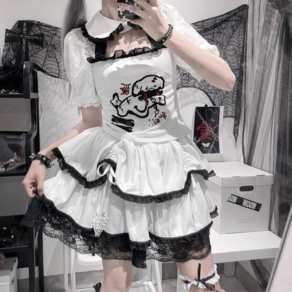 White Subculture Y2K E-girl Lace Cake Skirt Niche Design High-Waisted Tie-Waist Fluffy Skirt