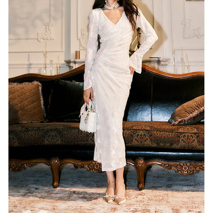 French White Flocked Long Sleeve Gown Dress