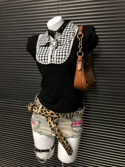 Plaid Fake Two-Piece Slim Y2K T-Shirt