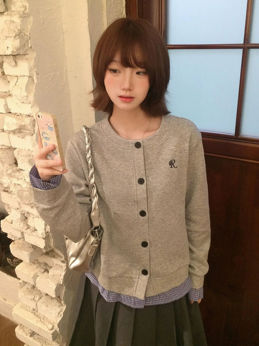 Korean Plaid Layered Cardigan Hoodie  Two-Piece Effect Sweatshirt Preppy Outerwear