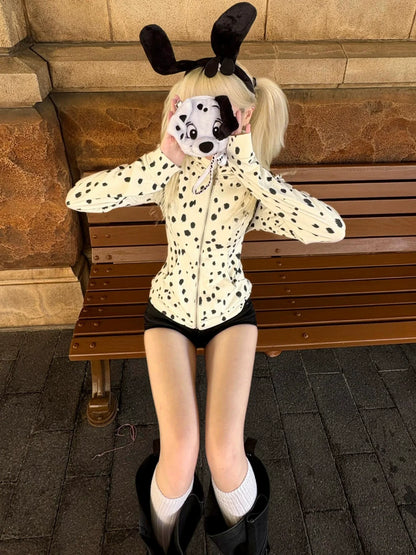 White Spotted Dog Hoodie Cardigan