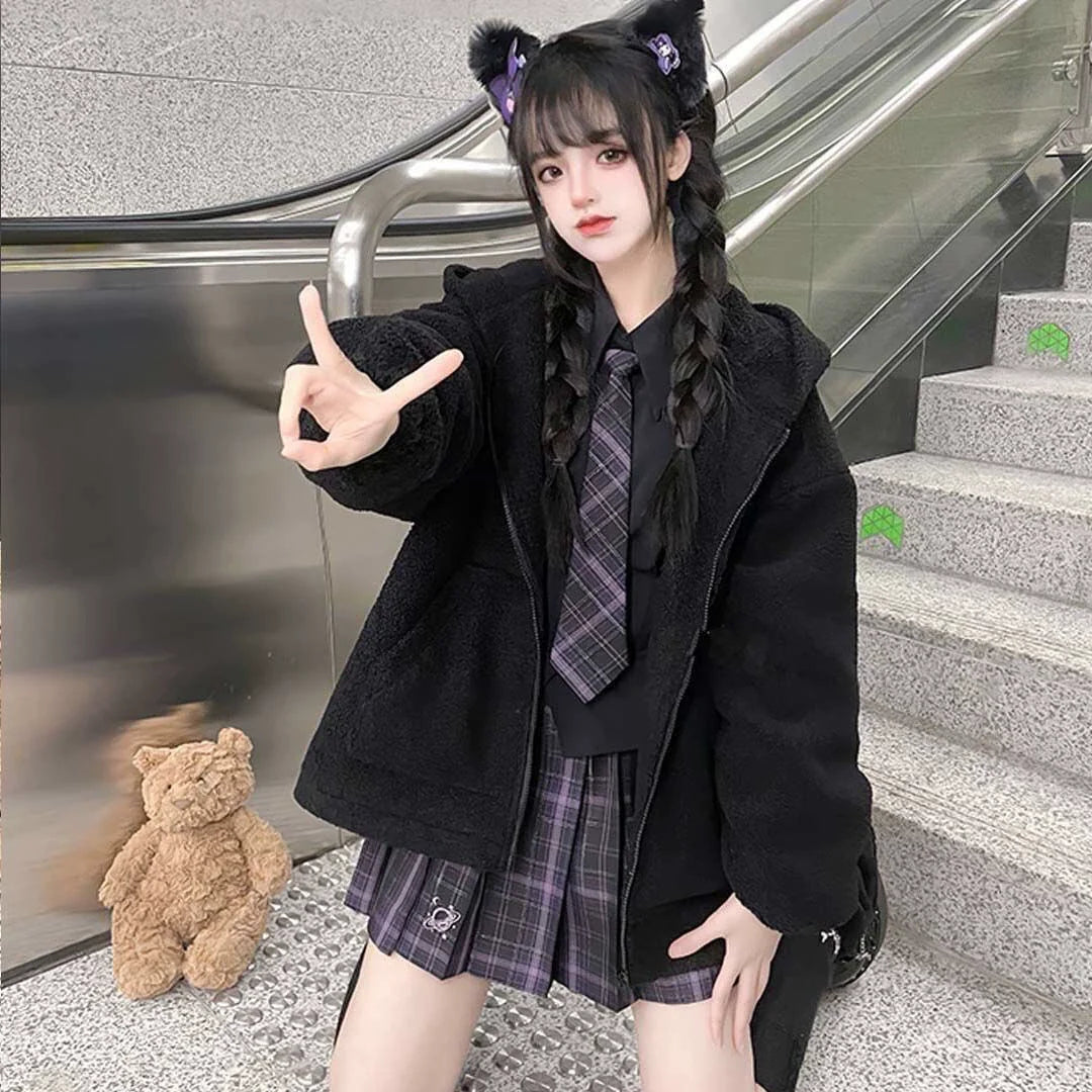 Black Y2K Japanese Anime Cat-Ear Hooded Faux Lamb Puffer Jacket
