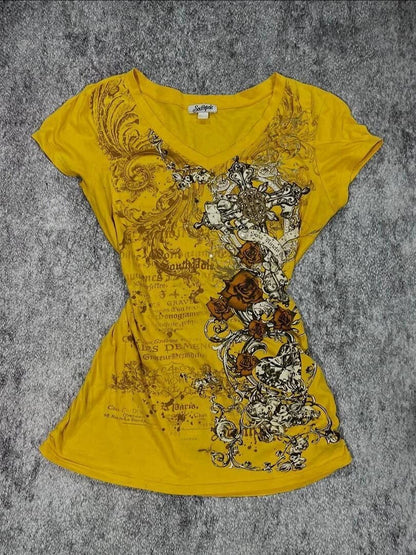 Yellow Baroque Rose Print V-Neck Y2K T-Shirt
