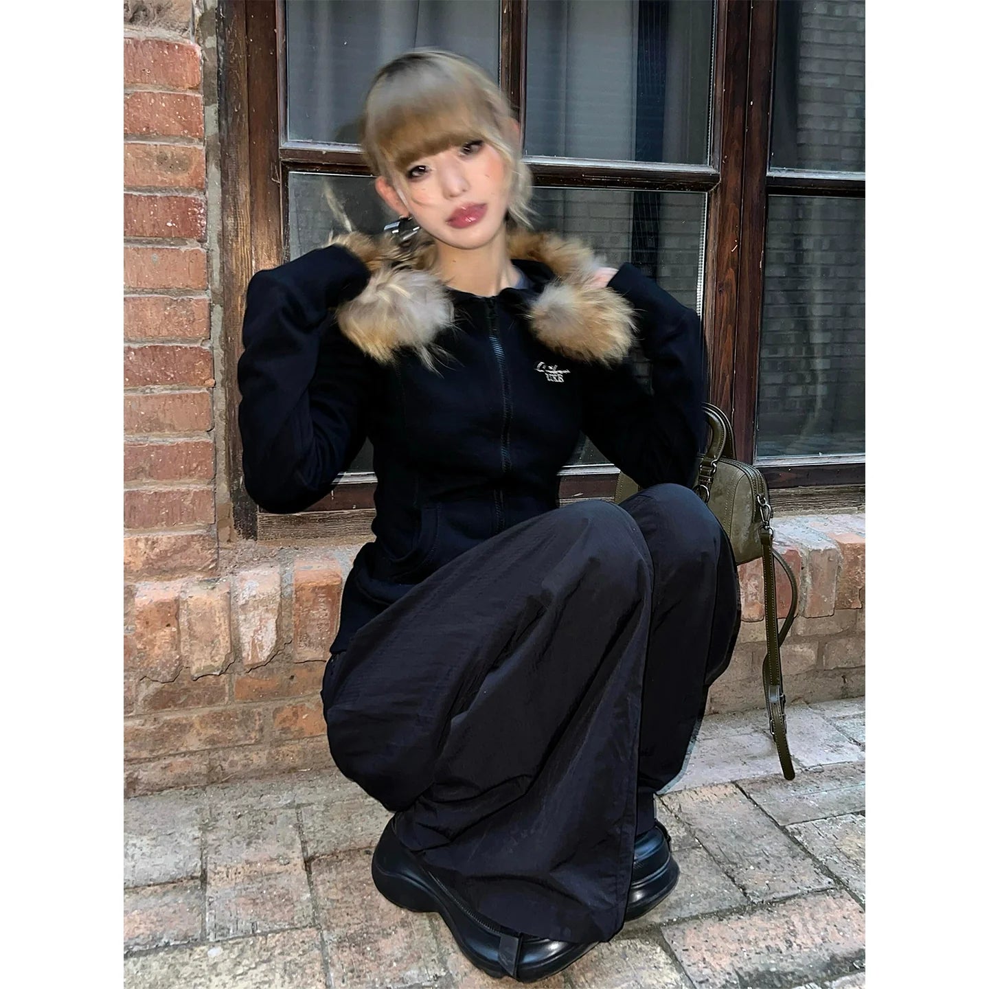 American Fitted Fur Collar Hoodie 2025 Autumn-Winter Zip-Up Crop Outerwear