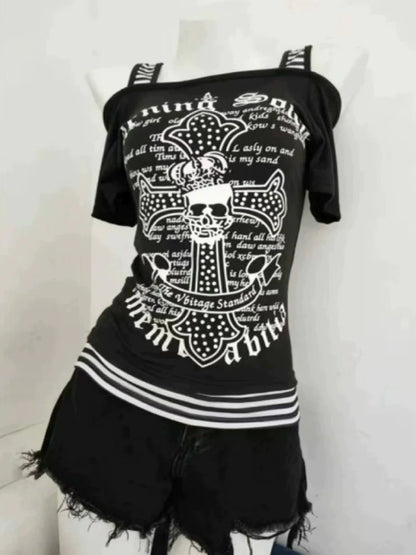 Black Subculture Rock Punk Y2K E-girl Abi Vintage Print Short Sleeve Top