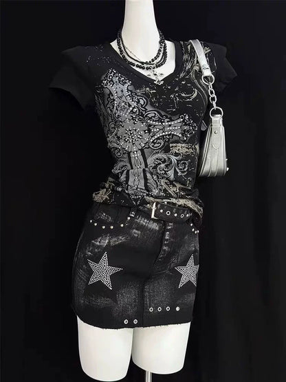 Black Subculture Gothic Rock Punk Y2K E-girl Print V-neck Waist-Cinched Short Sleeve Top