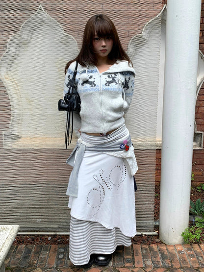 Fair Isle Reindeer Knit Cardigan Cozy Winter Short Sweater