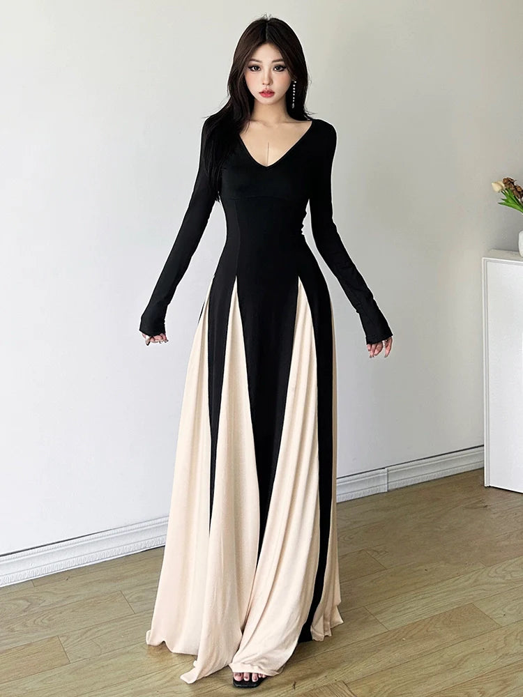 French Chic Retro Color-Block V-Neck Maxi Dress