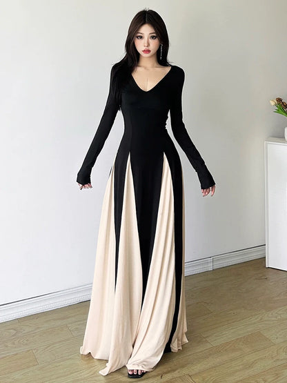 French Chic Retro Color-Block V-Neck Maxi Dress