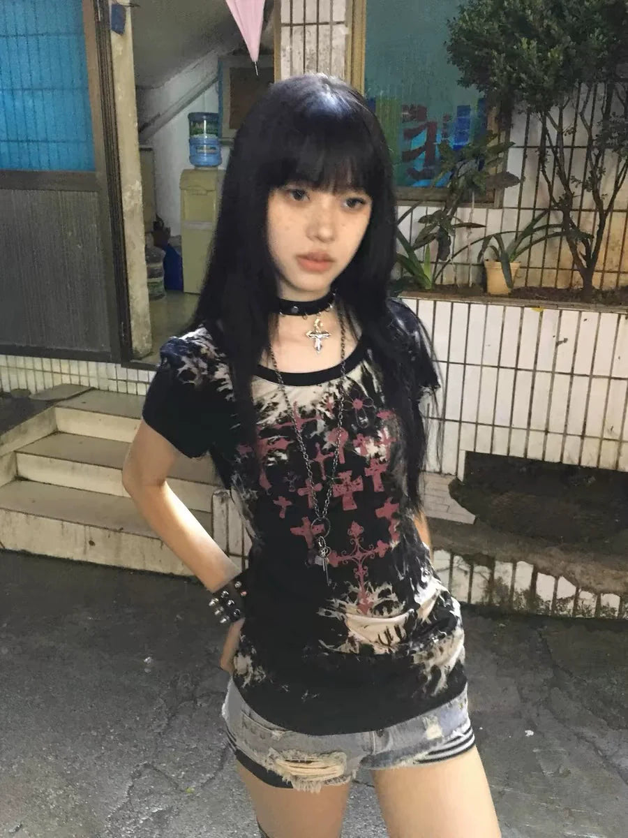 Black Subculture Punk Y2K E-girl Retro Print Niche Slim Short Sleeve Top (Style 2)