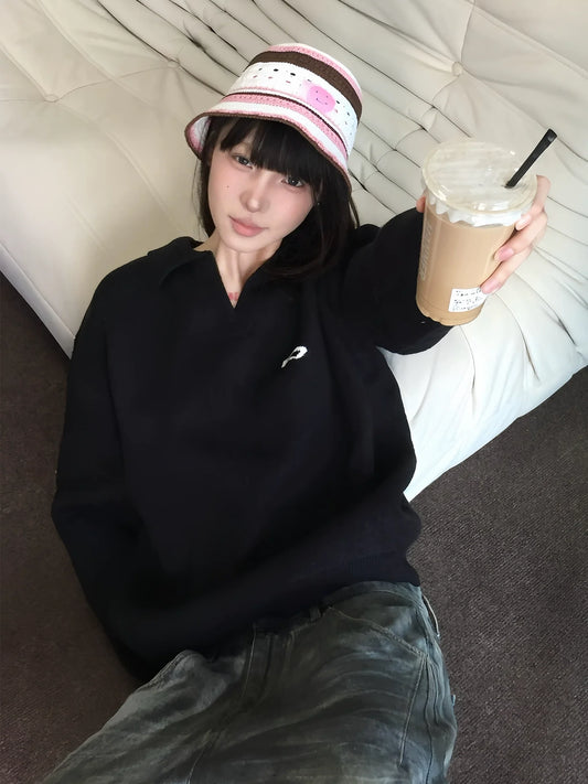 Lazy Style Black V-Neck Knit Sweater Early Autumn Loose Pullover Knitwear