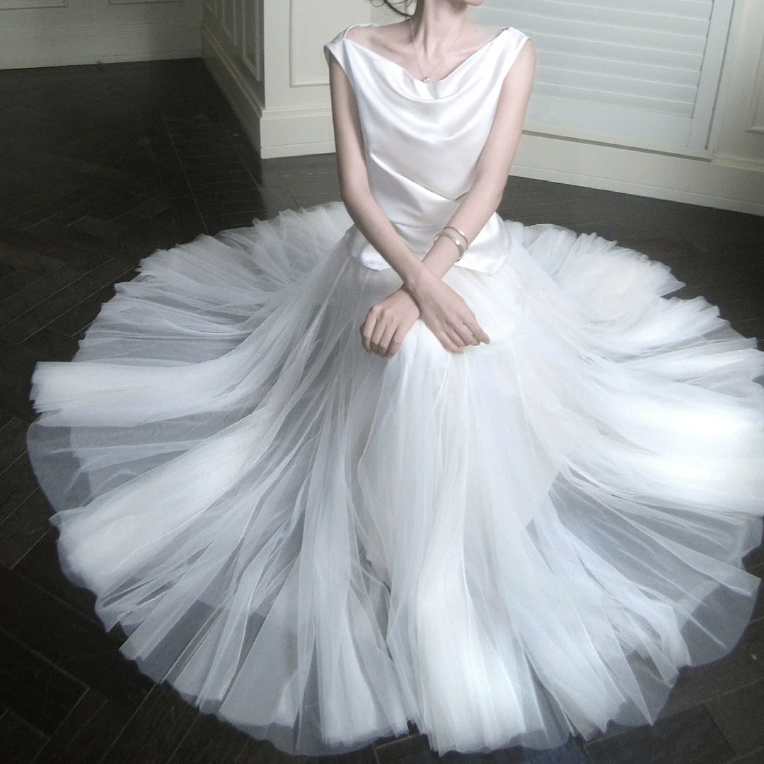 French One-Shoulder Satin Mesh Skirt Set Gown Dress