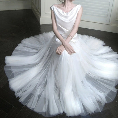 French One-Shoulder Satin Mesh Skirt Set Gown Dress