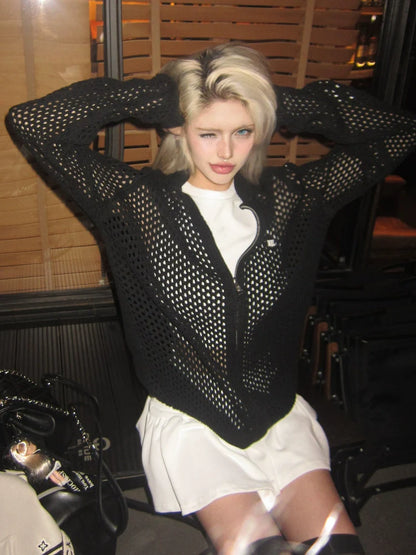 American Black Hollow Knit Jacket Sports Sun-Proof Lightweight Top