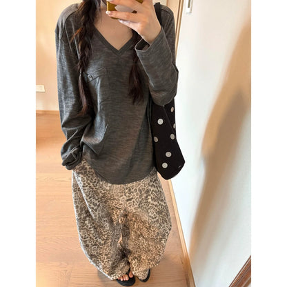 Korean Relaxed V-Neck Long Sleeve Tee  Sheer Slub Cotton Loose Fit Top