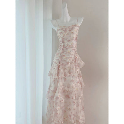 Pink Chiffon Floral Fitted Halter Gown Dress