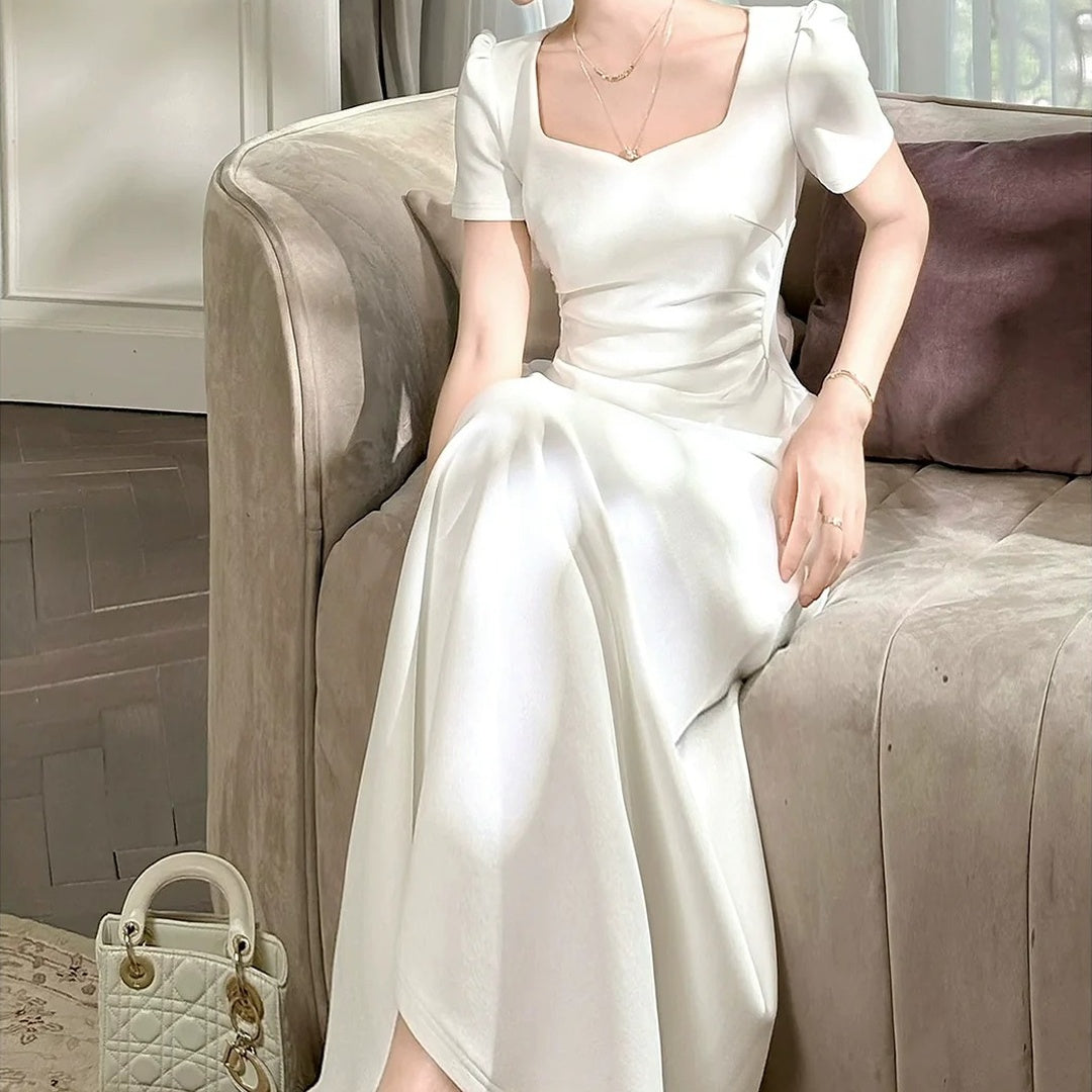 White Luxury Square Neck Gown Dress – French Waist Fitted Dress