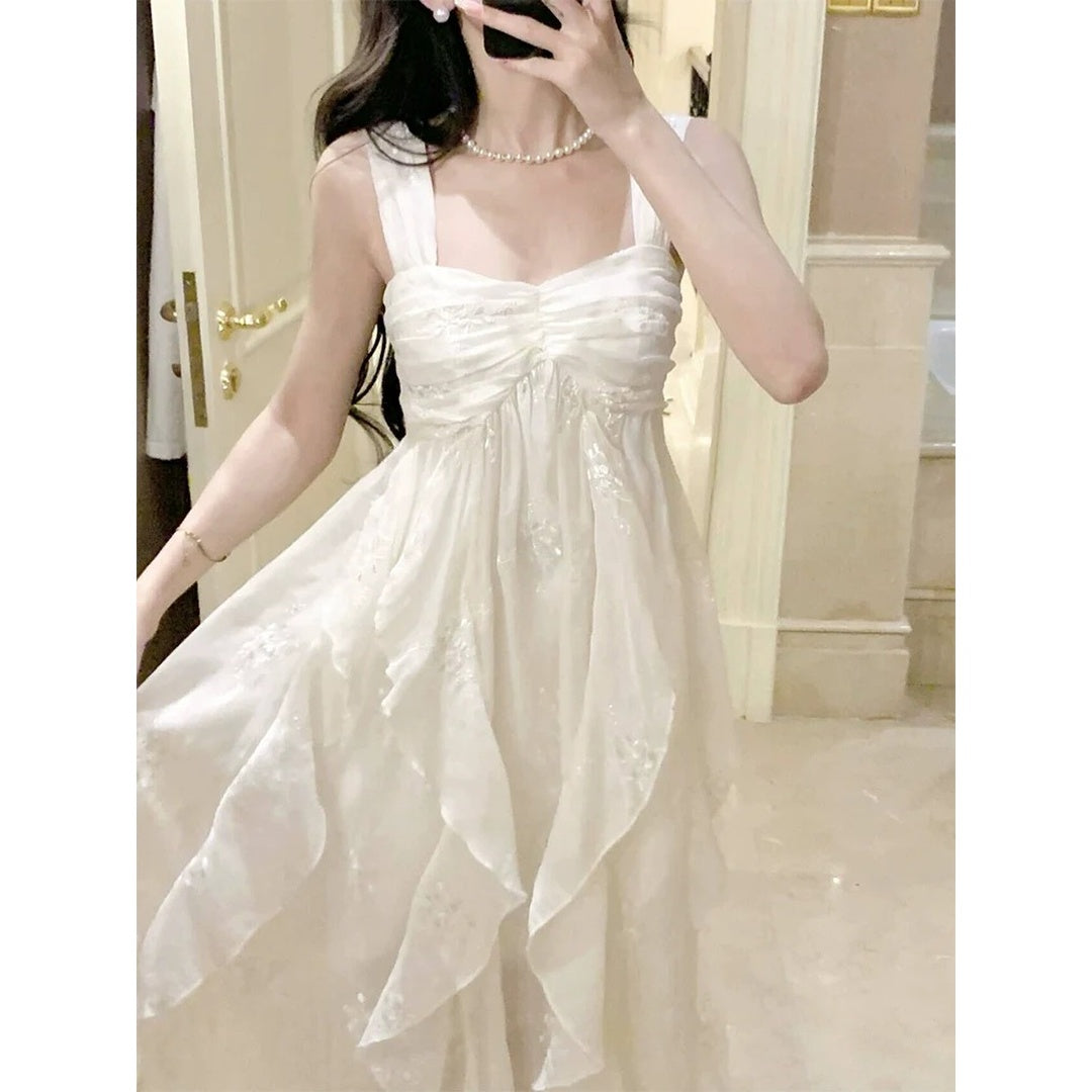 French White Embroidered Spaghetti Gown Dress
