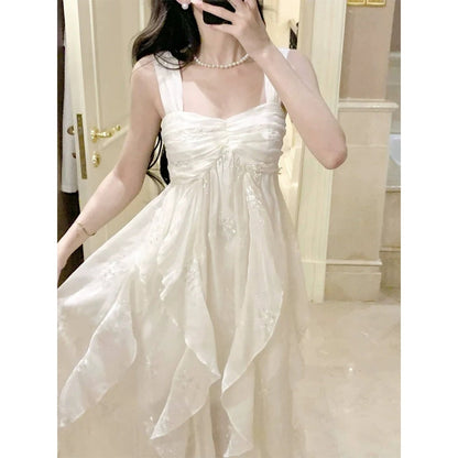 French White Embroidered Spaghetti Gown Dress