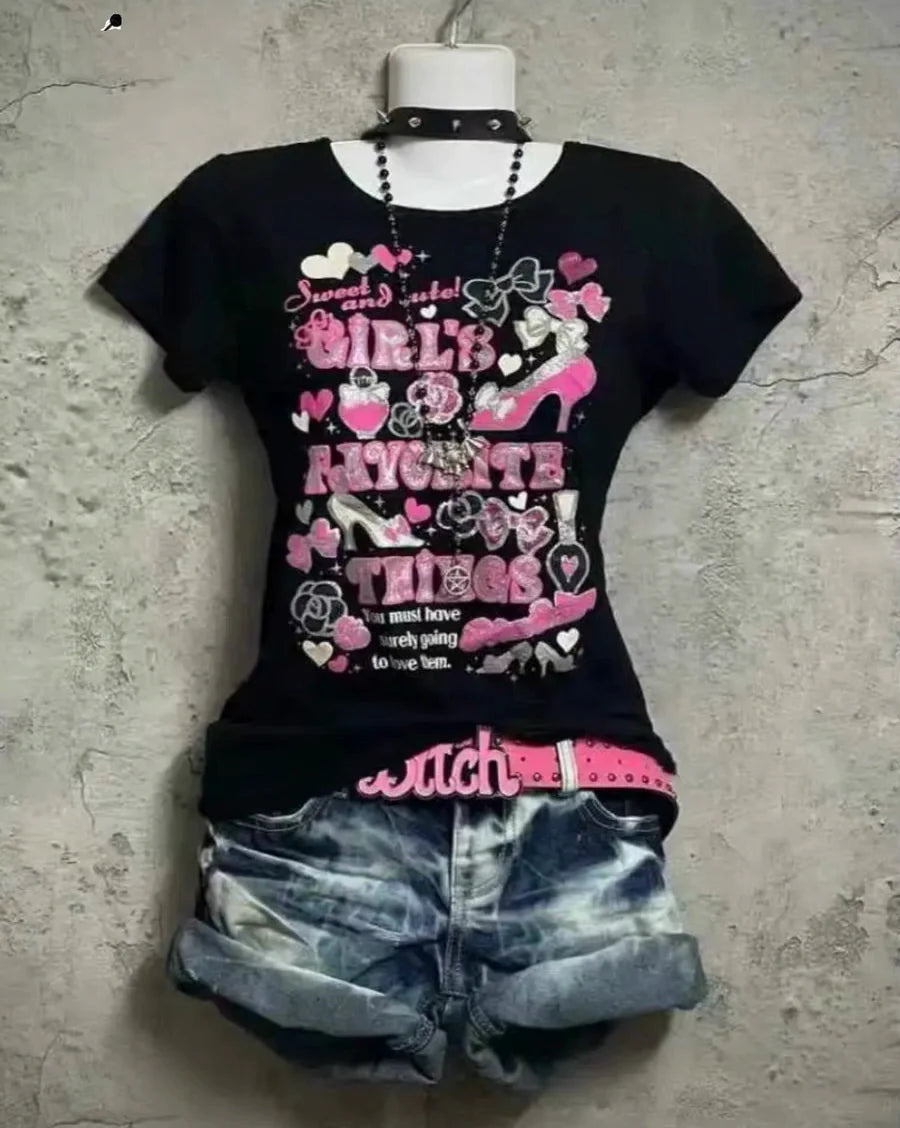 Black Japanese Vintage Bow Print Light Subculture Y2K T-Shirt