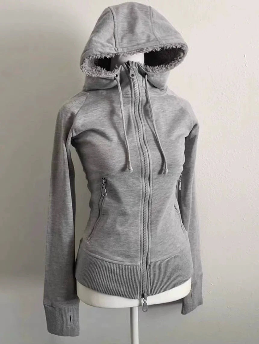 Gray Lamb Wool Double-Zipper Hoodie Subculture Y2K E-girl Vintage Autumn/Winter Waist-Cinched Slimming Top
