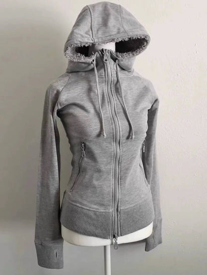 Gray Lamb Wool Double-Zipper Hoodie Subculture Y2K E-girl Vintage Autumn/Winter Waist-Cinched Slimming Top
