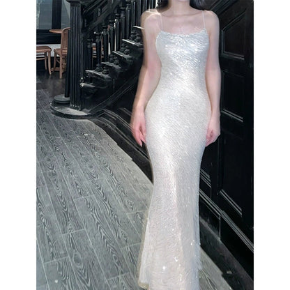 Silver Sequin French Evening Gown Dress