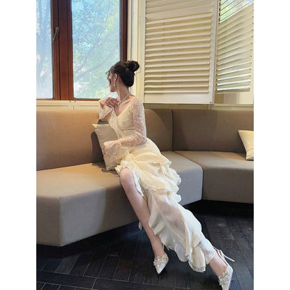 French Lace Long Sleeve Ruffle Waist Gown Dress