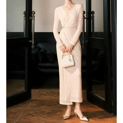 French Sequin Knit Long Sleeve Birthday Gown Dress