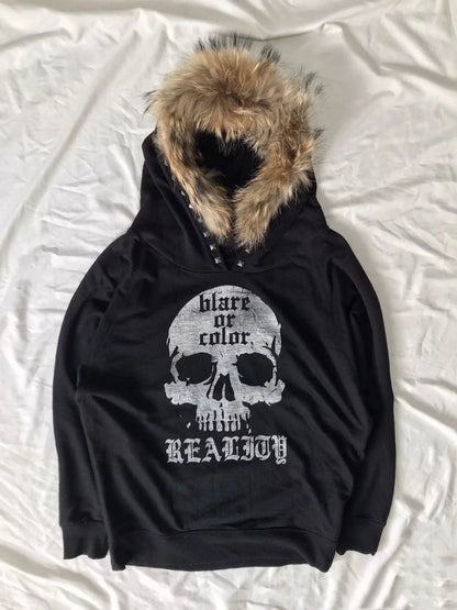Y2K Gothic Rock Punk Skull Fleece-Lined Hoodie