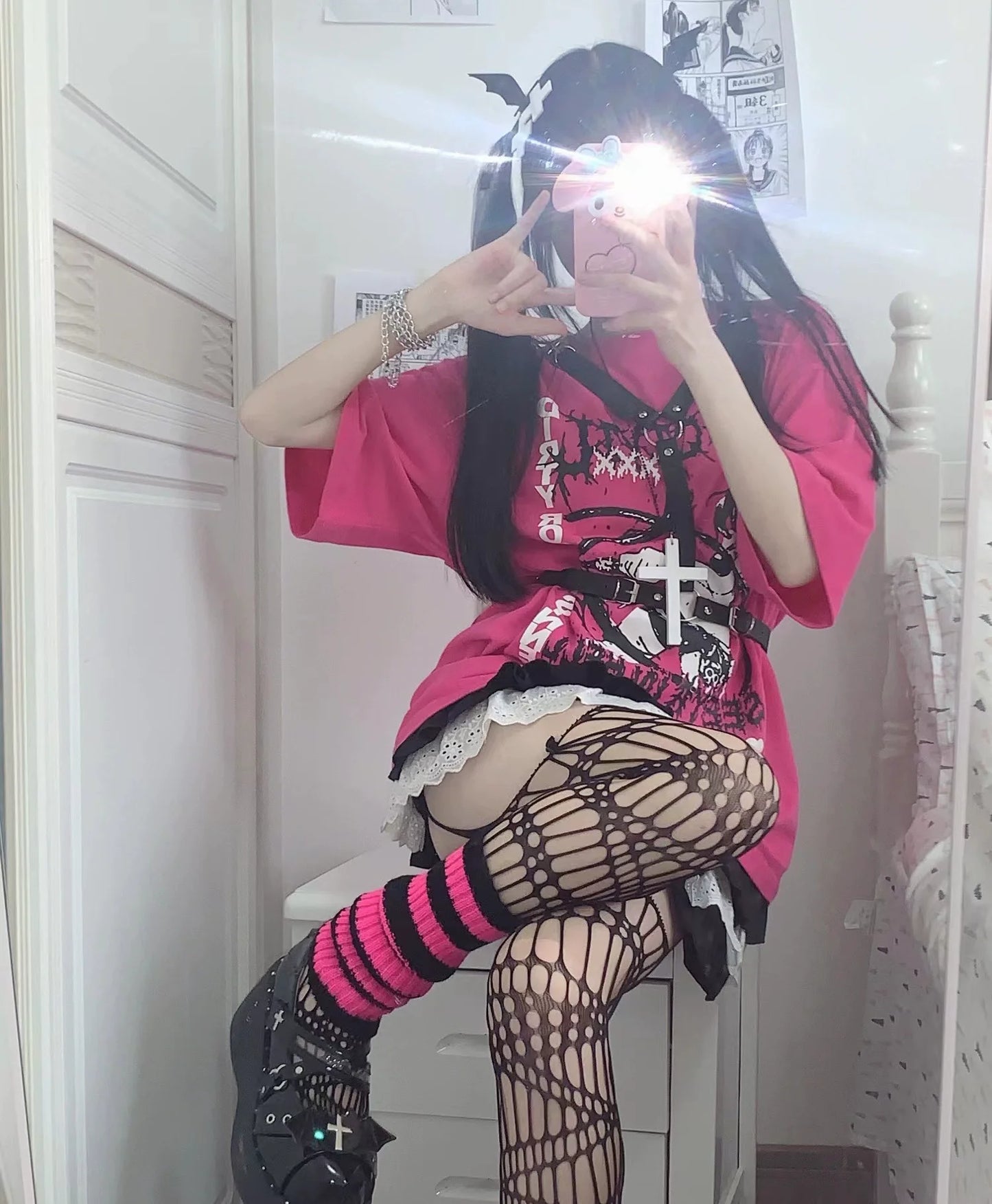 Fuchsia Otaku Harajuku Cartoon Print Oversized Y2K T-Shirt