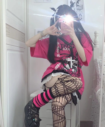 Fuchsia Otaku Harajuku Cartoon Print Oversized Y2K T-Shirt