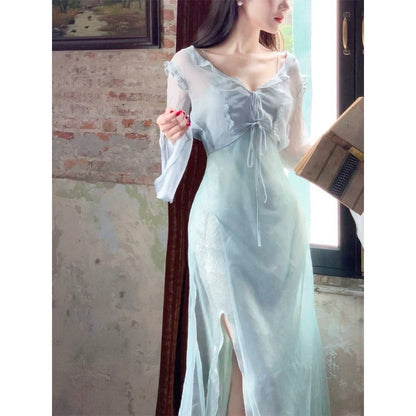 Ruffle Gold Long Sleeve Silk Gown Dress