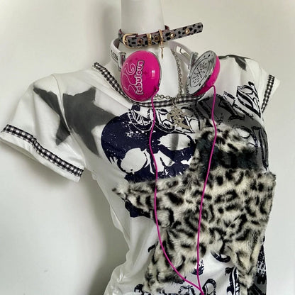 White Leopard Print Subculture Rock Punk Y2K E-girl Abi American Retro Slim Short Sleeve Top