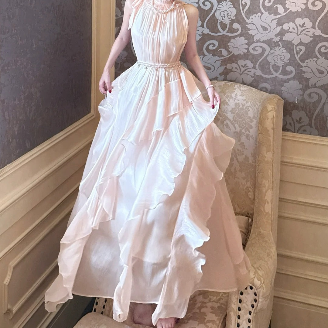 French Pink Ruffle Sleeveless Gown Dress