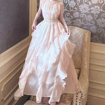 French Pink Ruffle Sleeveless Gown Dress