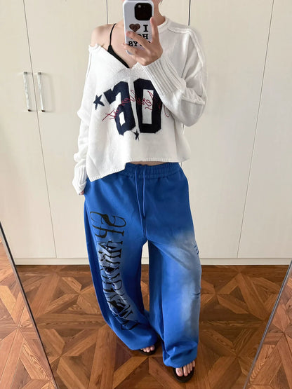 Retro V Neck Numeric Print Knit Top Y2K Sweater