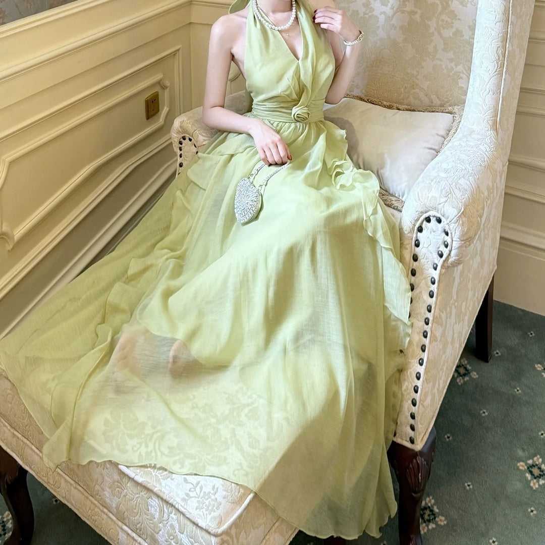 French Holiday Ruffle Halter Tulle Gown Dress